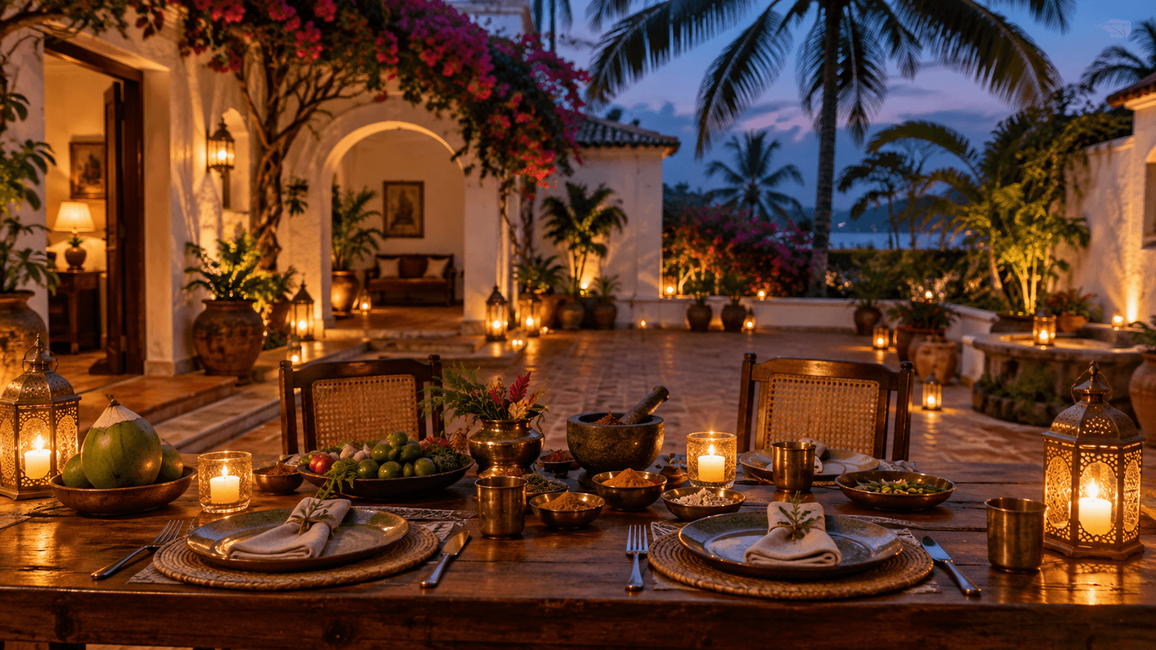 An intimate candlelit Goan dinner setting in an open-air heritage courtyard