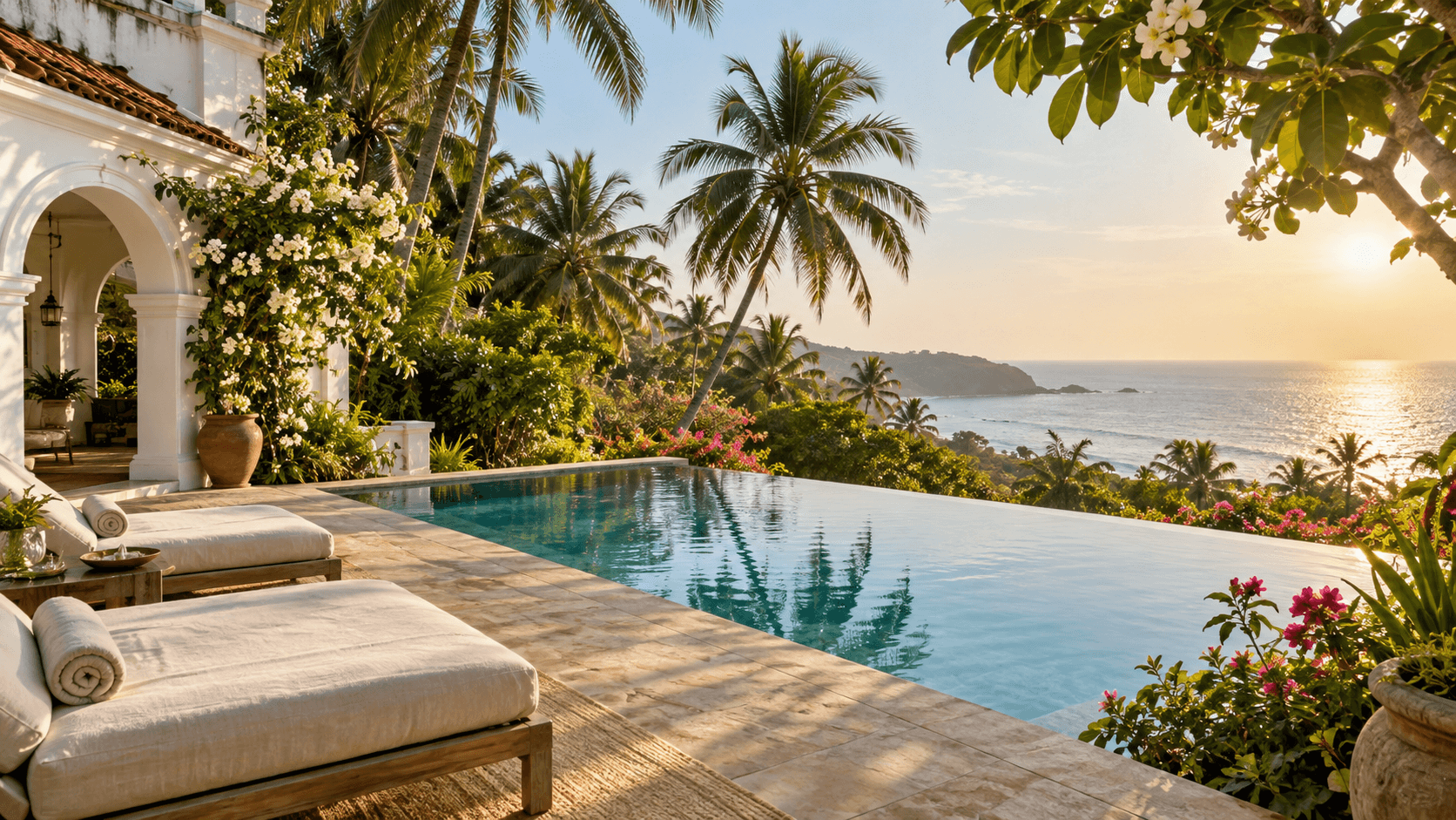An empty infinity plunge pool in a lush Goa coastal garden at sunset