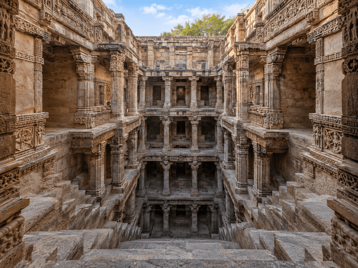 Sandstone tiers and geometric carvings inside Adalaj Stepwell near Ahmedabad