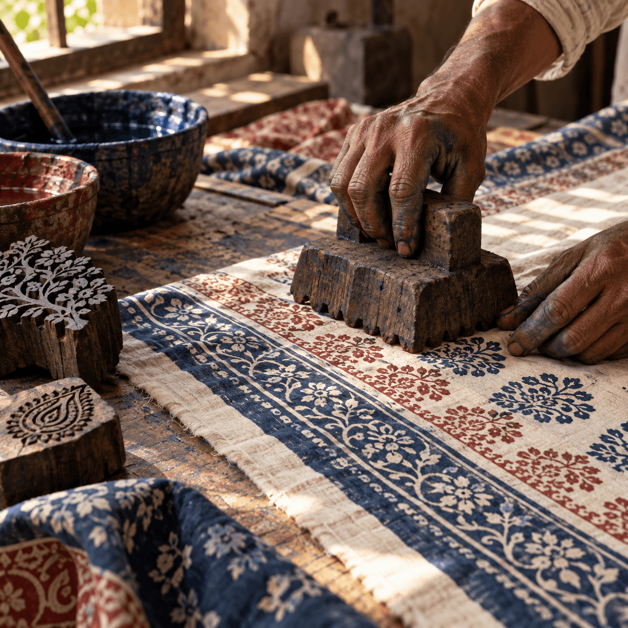 Wooden blocks and hand-printed textiles in an Ahmedabad craft workshop
