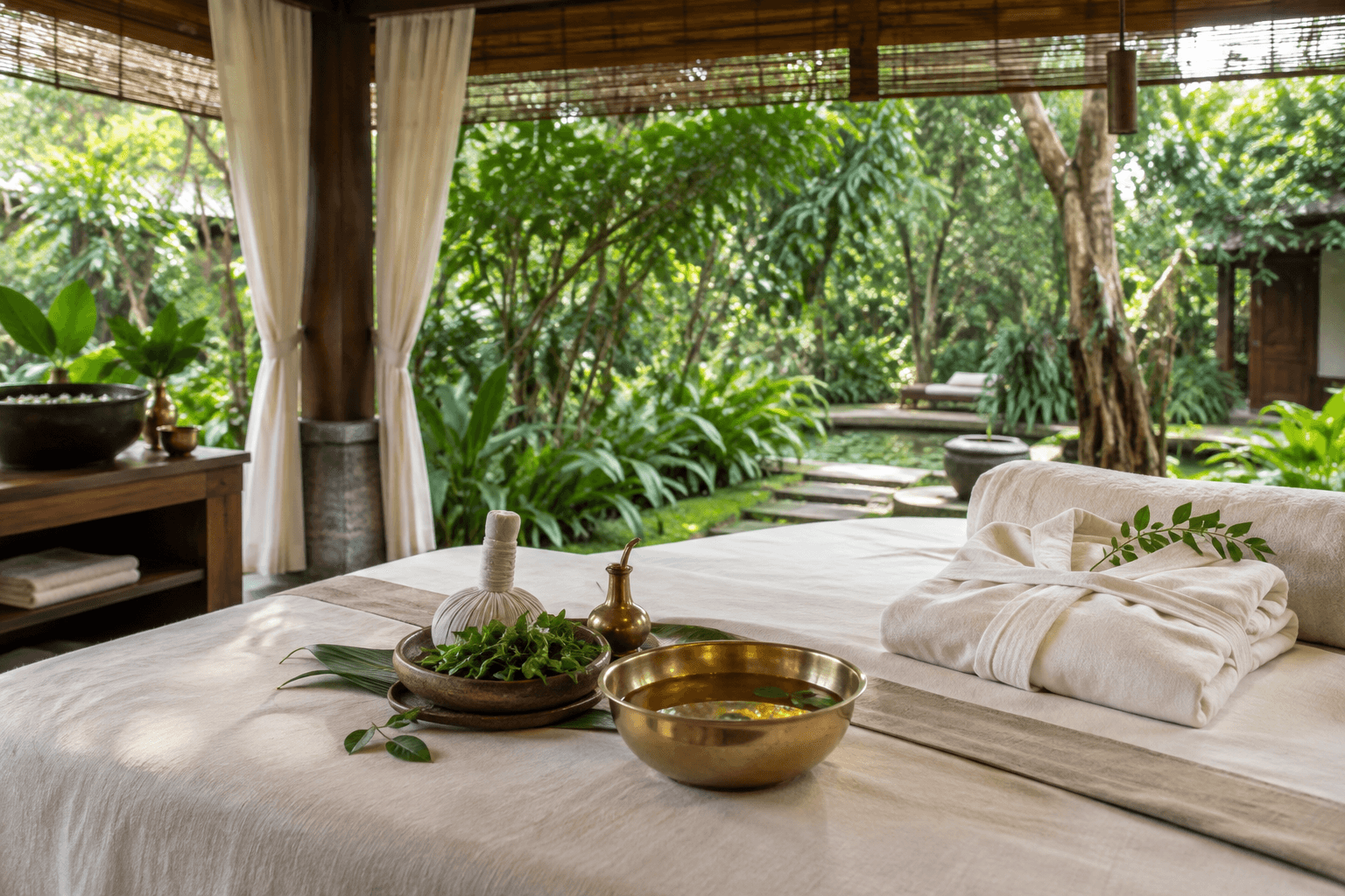 An Ayurvedic garden treatment pavilion with linen, brass oil bowl, and herbs