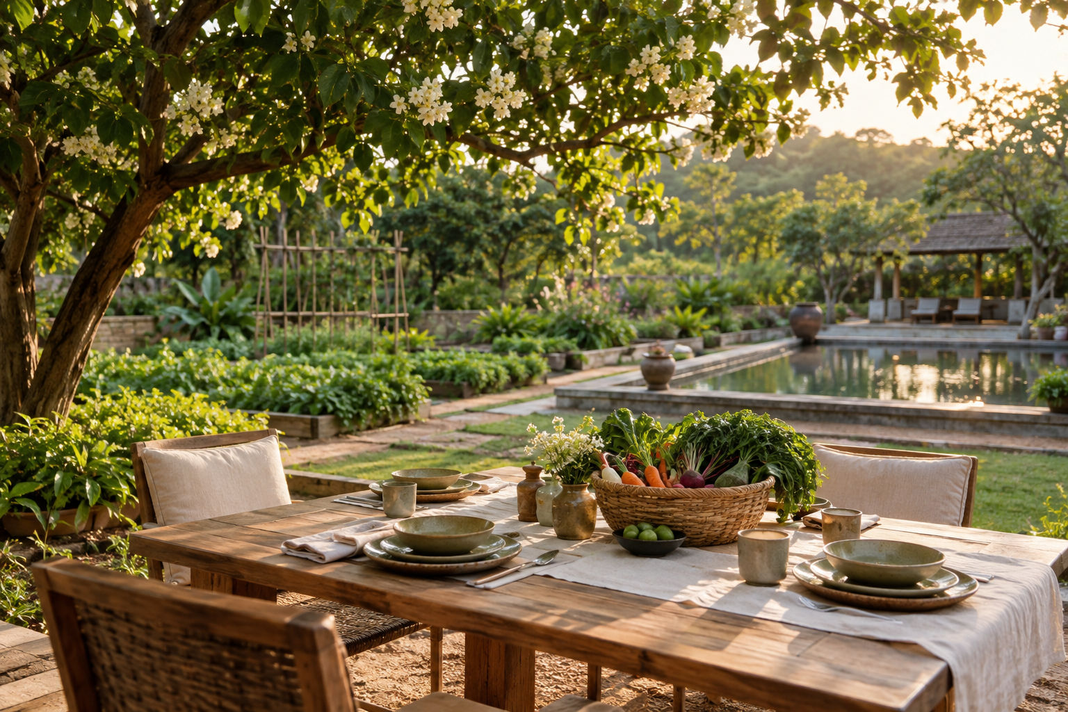 An empty farm-to-table dining setting in an organic Bengaluru retreat garden