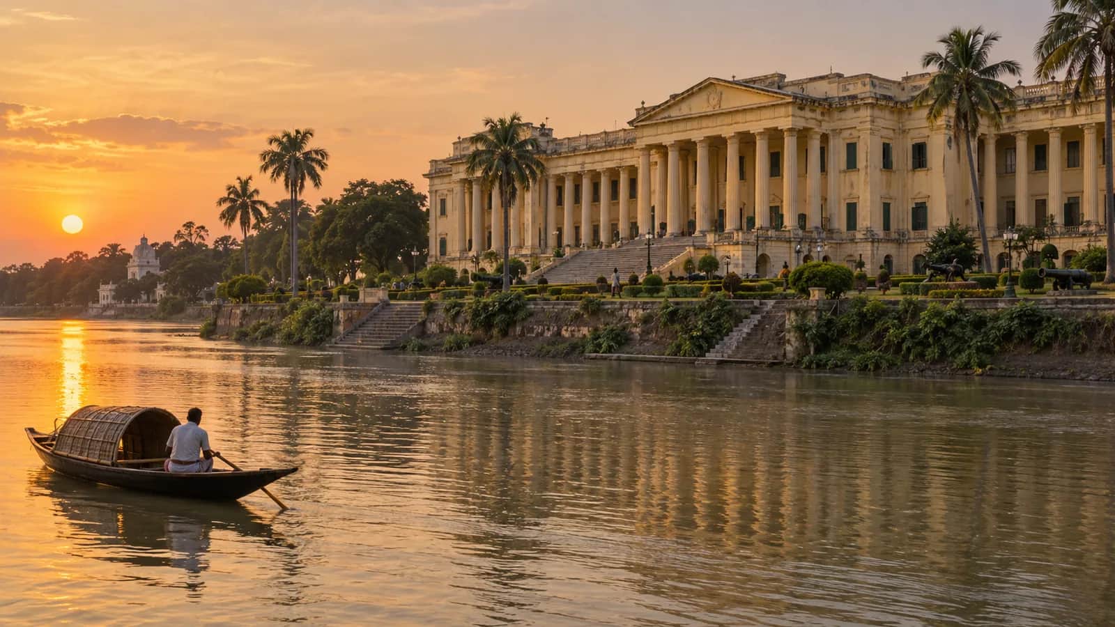 Murshidabad palace architecture beside the Bhagirathi River in warm evening light