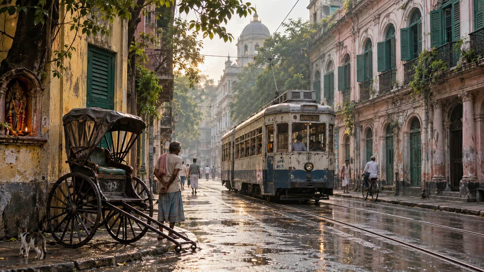 A heritage tram passing pastel colonial buildings on a rain-washed street in North Kolkata