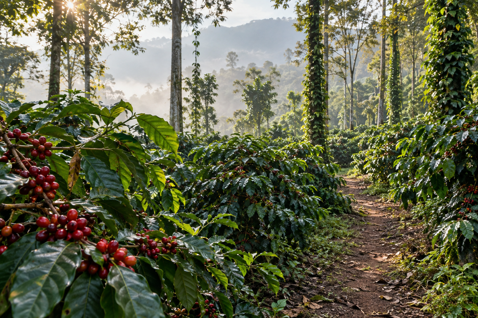 A quiet walking path through a Coorg coffee estate with ripe coffee cherries