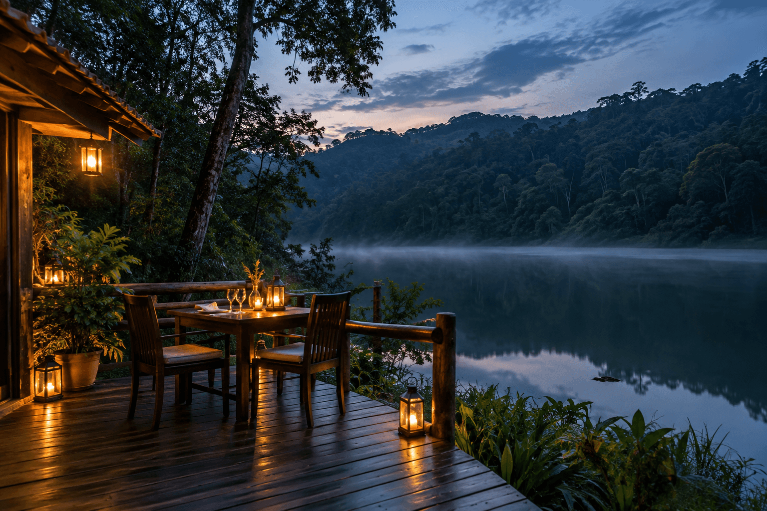 A lantern-lit dinner setting beside a misty Coorg plantation lake at blue hour