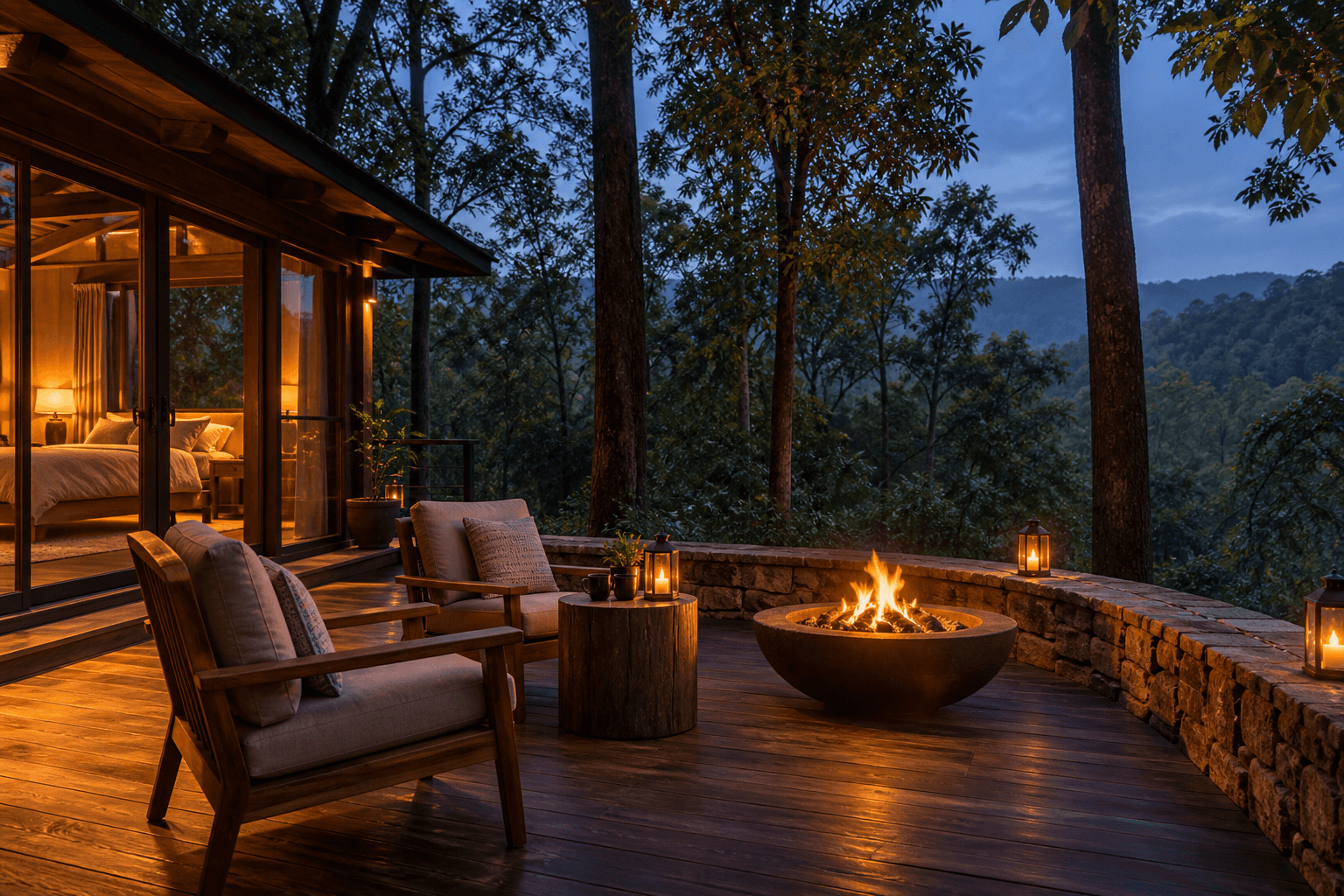 An empty wooden forest lodge deck beside a glowing fire bowl at blue hour