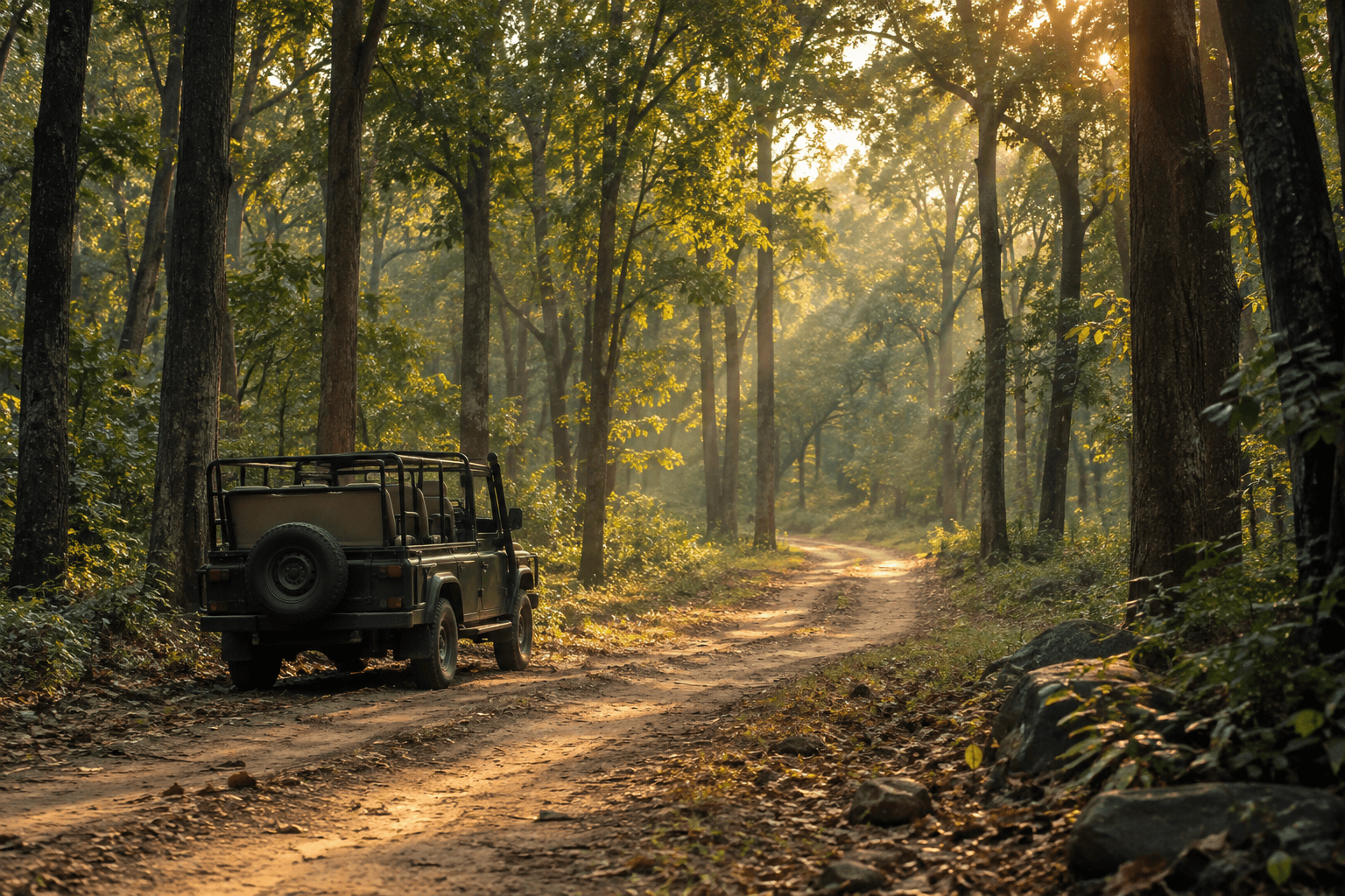 An empty open-top safari jeep on a sunlit sal forest track in Jim Corbett