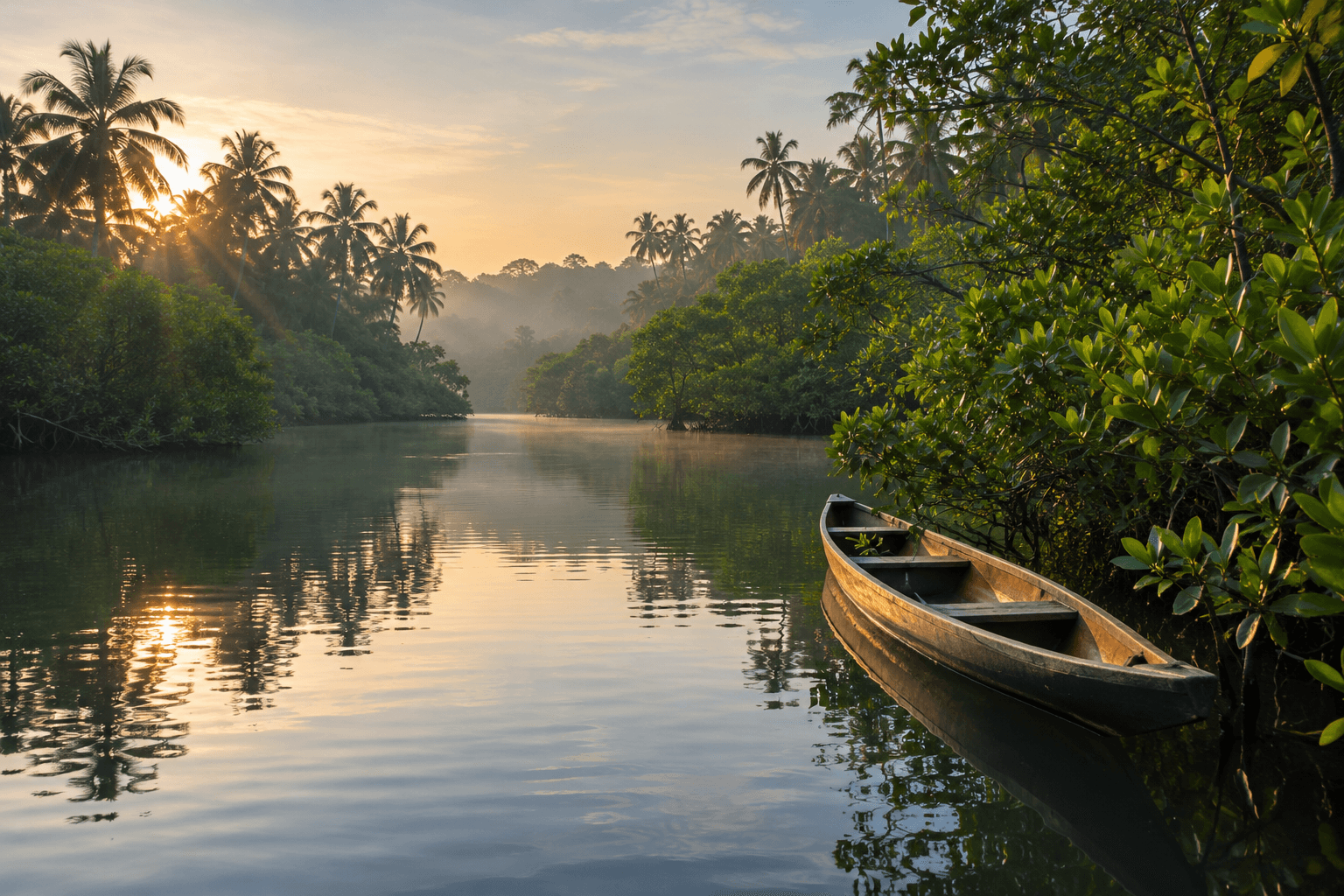 An empty wooden kayak on Chorao Island mangrove backwaters at sunrise