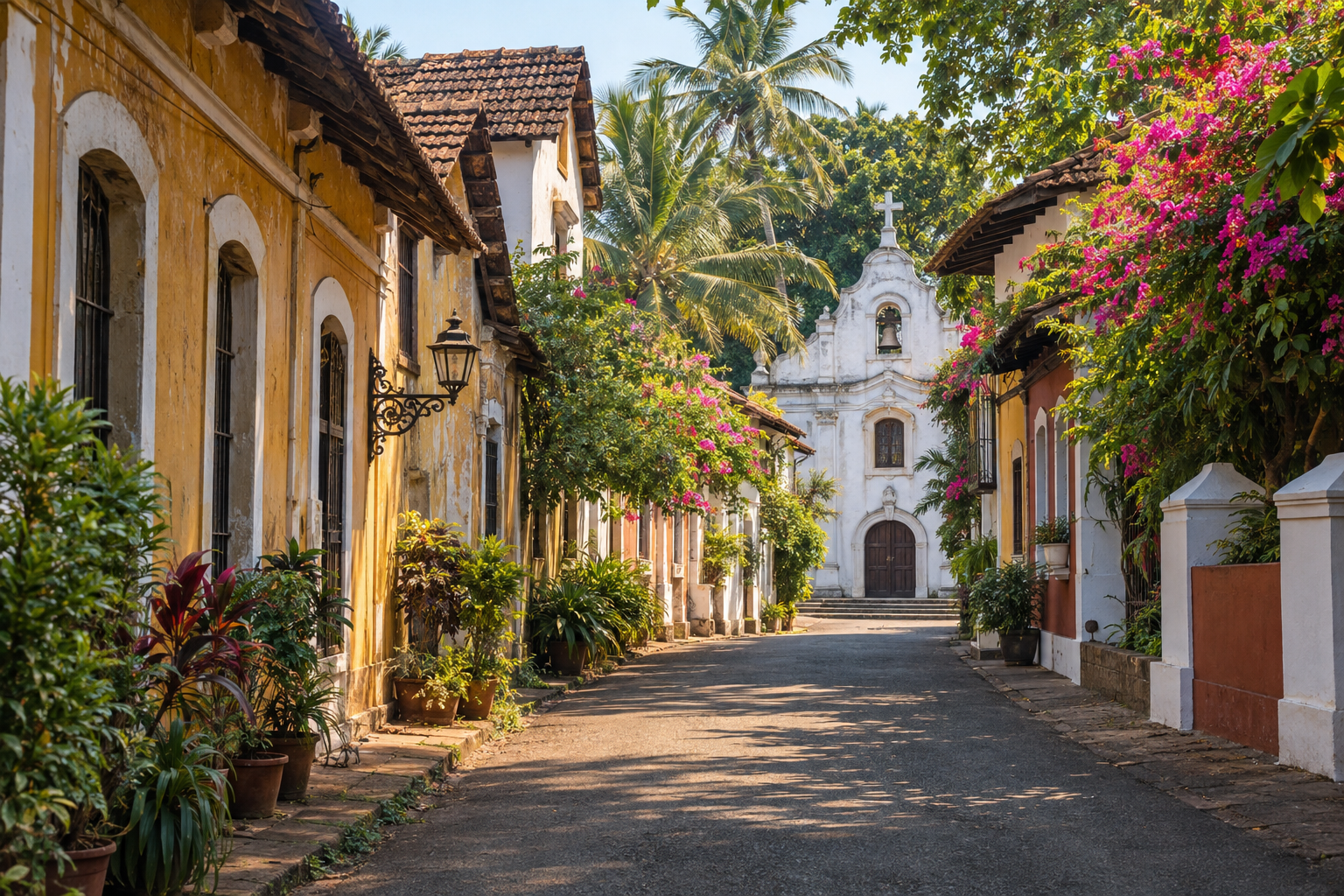 A quiet Portuguese-influenced Goa heritage street with a whitewashed chapel and bougainvillea