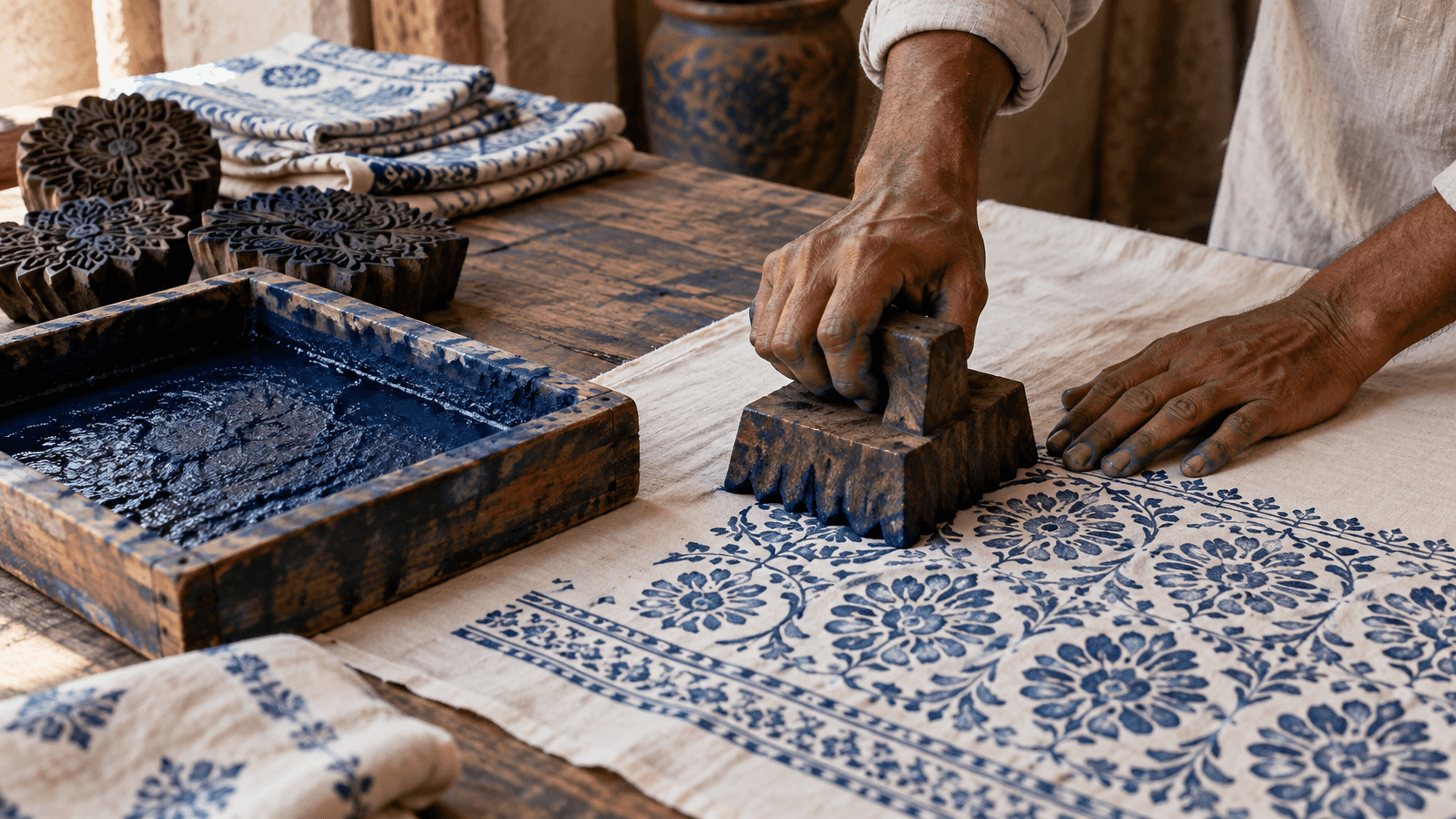 Indigo block-printing in a Jaipur artisan workshop