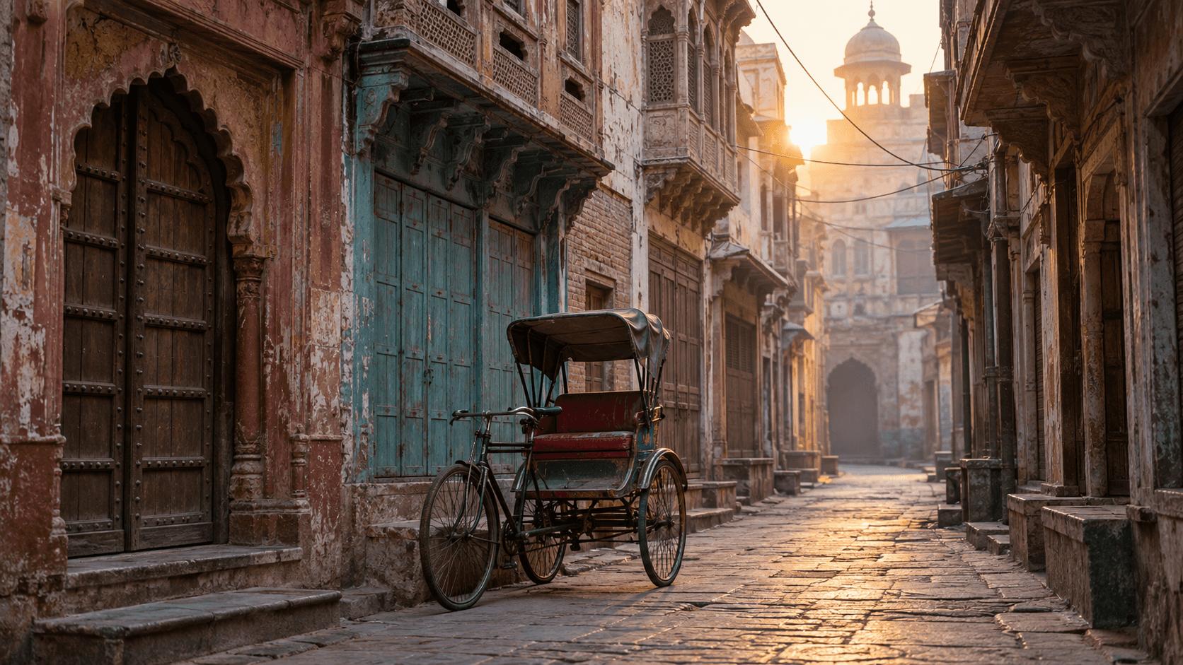 A cycle rickshaw in a historic Old Delhi market lane at dawn