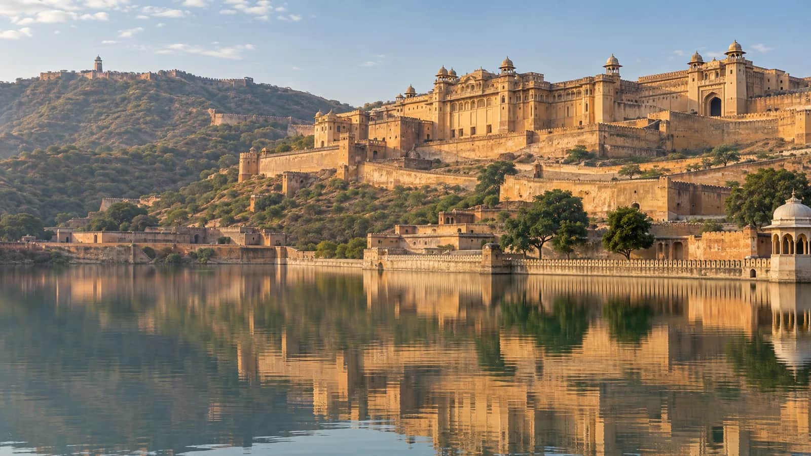 Amer Fort reflected in Maota Lake beneath the Aravalli hills outside Jaipur