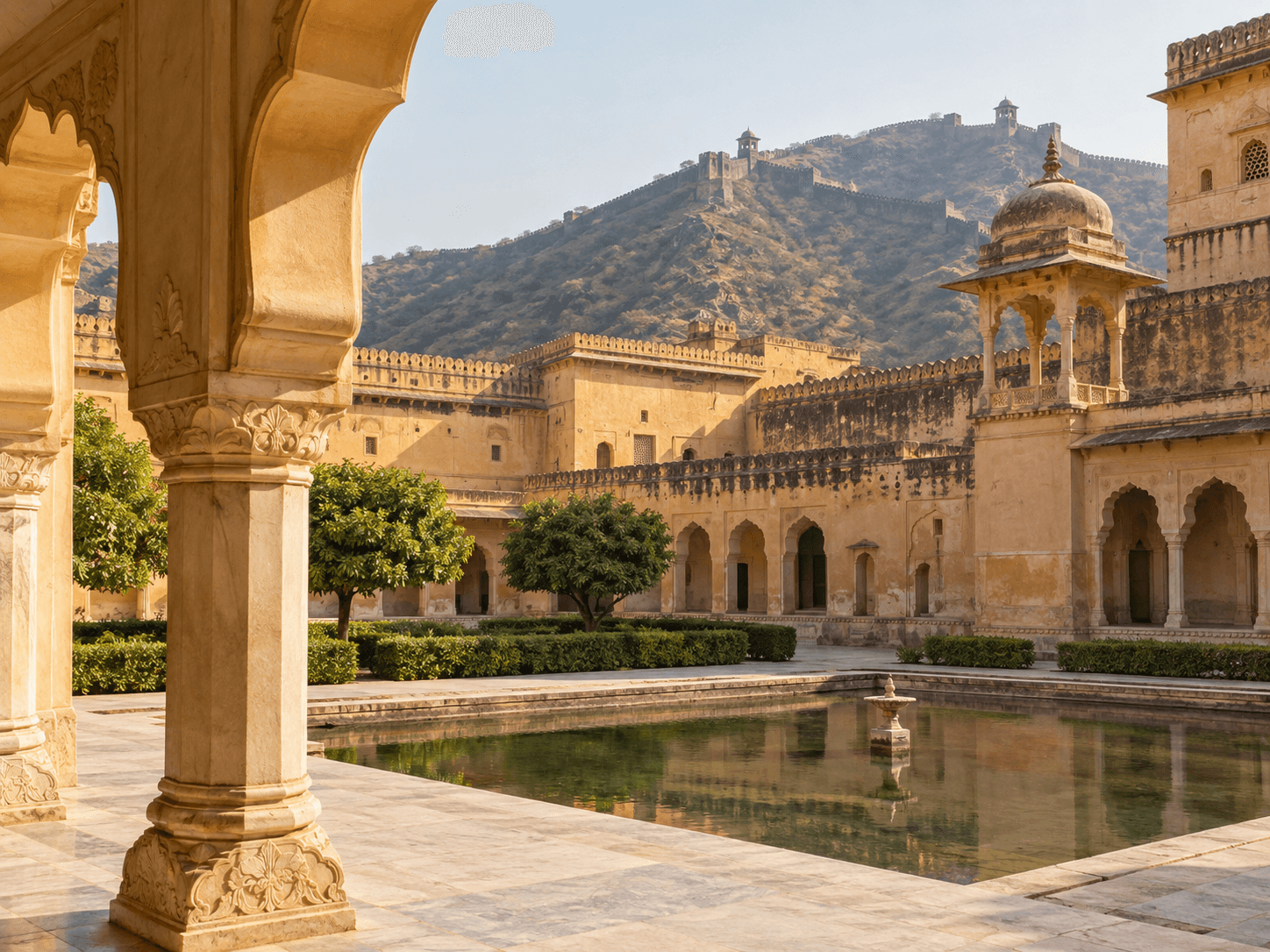 Amer Fort courtyard in Jaipur illuminated by early morning light