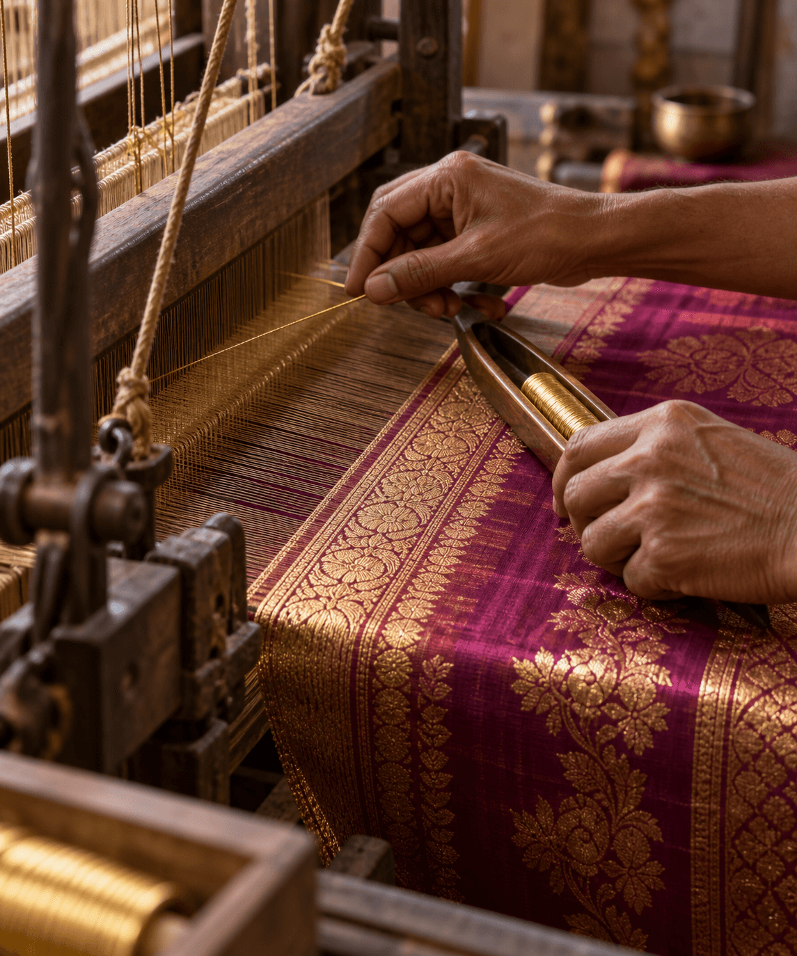 Banarasi silk being woven on a traditional handloom in Varanasi