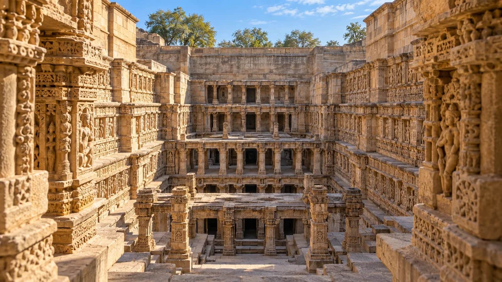 The carved sandstone galleries and geometric terraces of Rani ki Vav stepwell in Patan