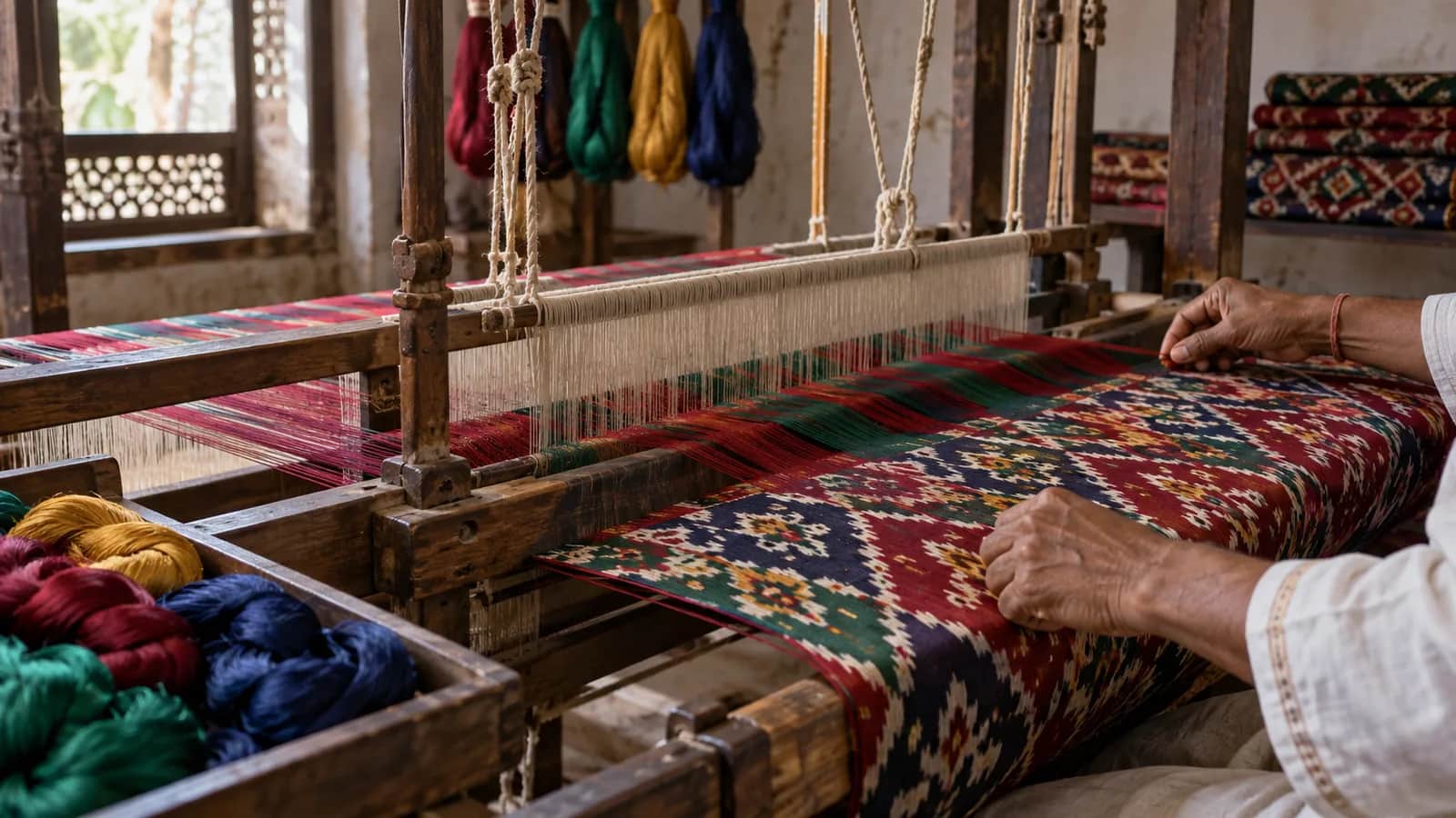 A Patola artisan weaving colourful double-ikat silk on a traditional loom in Patan, Gujarat