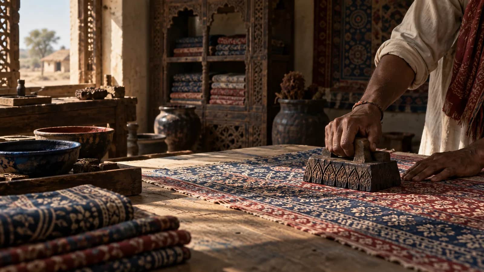 An artisan hand block-printing indigo and madder-red cloth in a traditional Kutch workshop