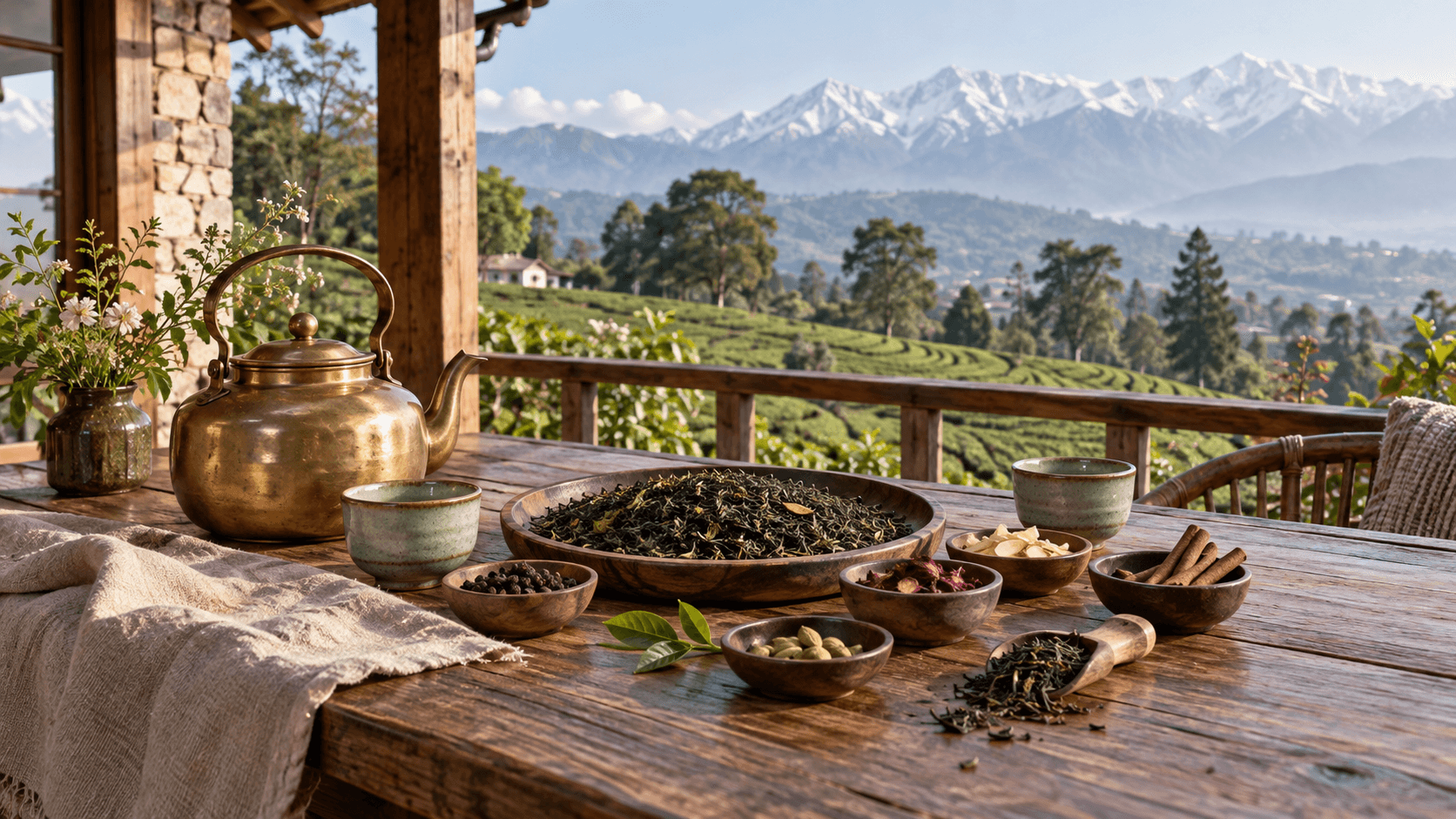 Kangra tea blending on a veranda overlooking a Himachal tea estate