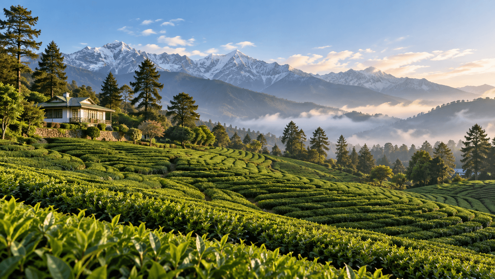 Palampur tea estate beneath the Dhauladhar range in Himachal Pradesh