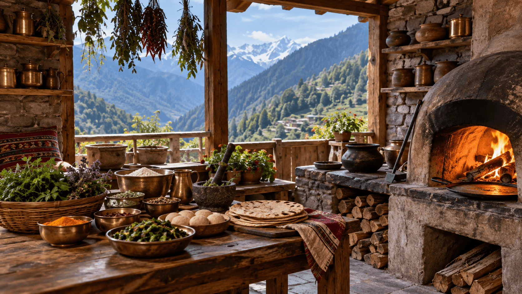 Wood-fired Himachali cooking in a mountain homestay kitchen