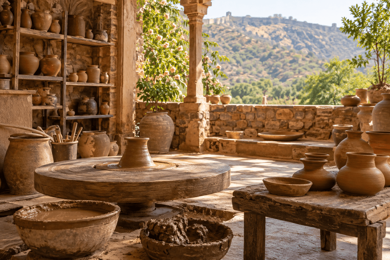 An open-air Rajasthan pottery studio framed by sandstone walls and the Aravalli hills