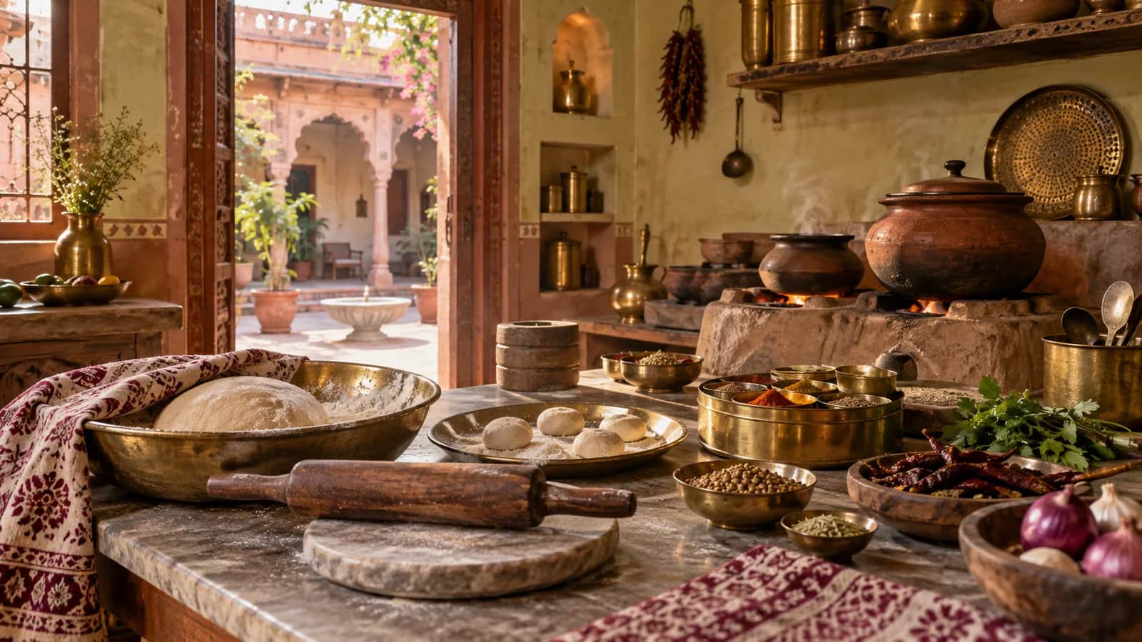Dough, spices and clay pots prepared for a traditional cooking class in a Jaipur haveli kitchen