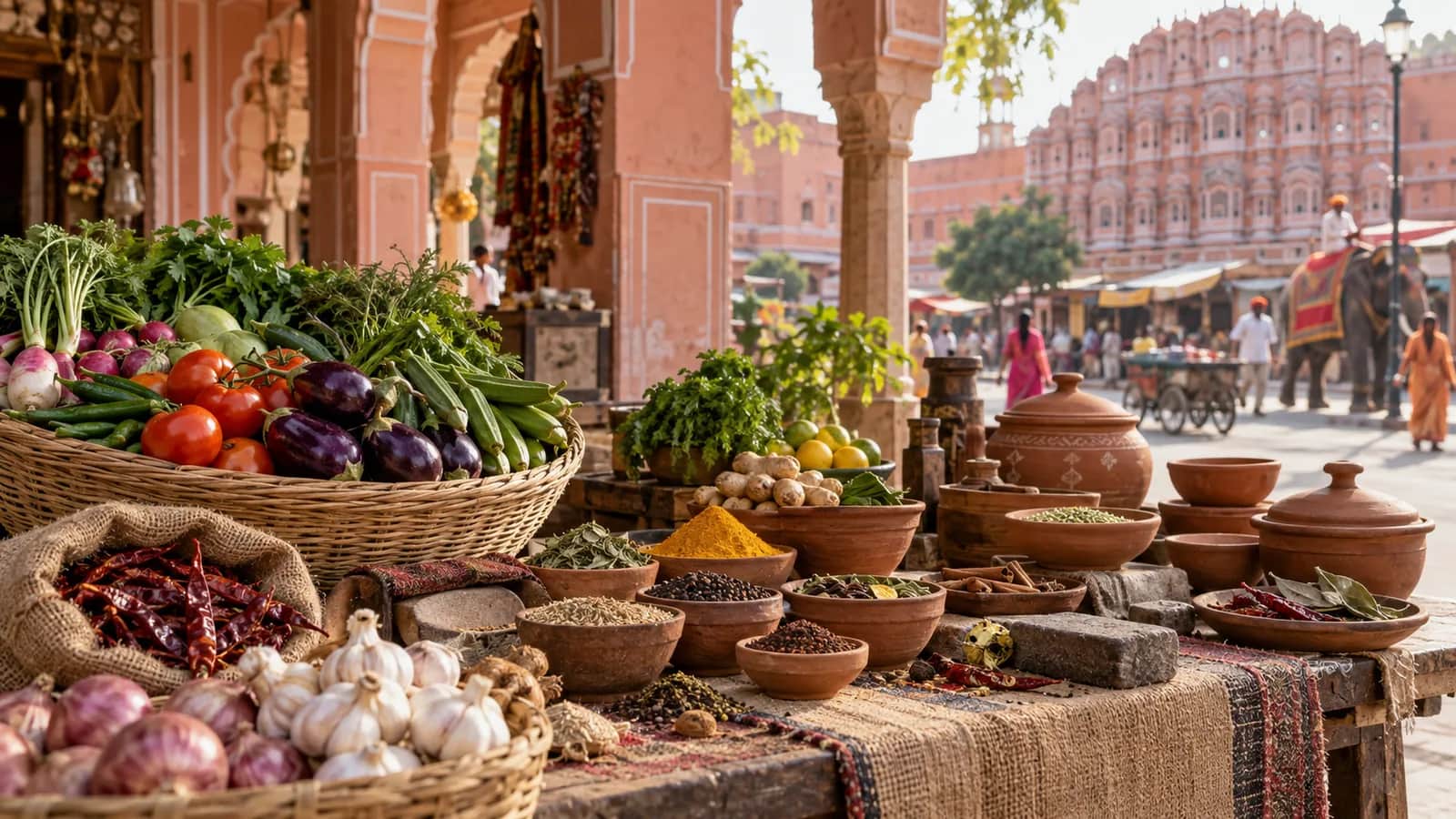 Fresh vegetables, whole spices and clay bowls arranged in Jaipur’s historic market quarter