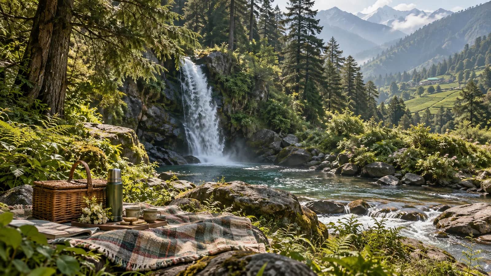 A quiet picnic prepared beside a forest waterfall in the Kangra Valley