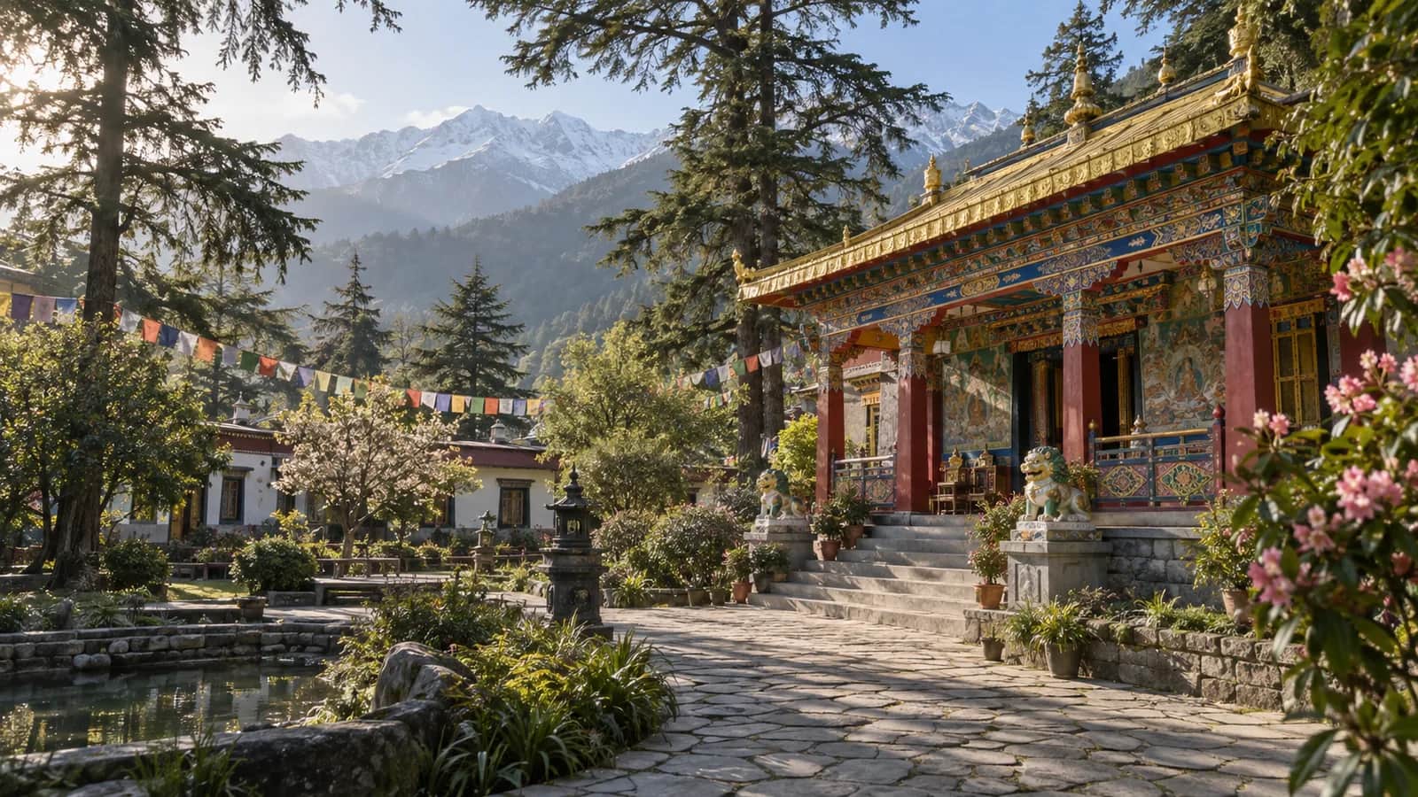 A colorful Tibetan-style temple and peaceful garden at Norbulingka near Dharamshala