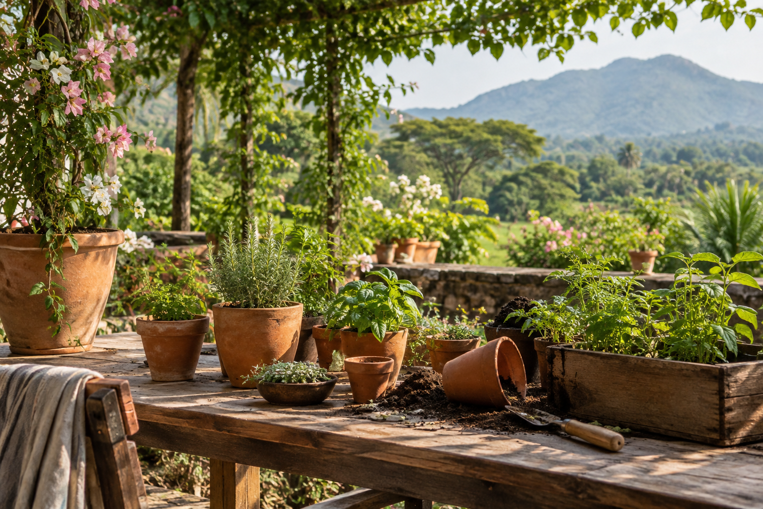 A terracotta potting bench surrounded by young herbs in a shaded Karjat garden