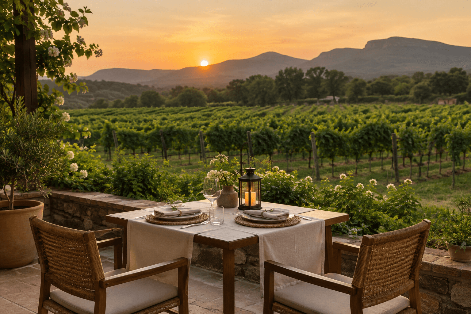 An intimate two-place dinner setting overlooking a Karjat vineyard at golden hour
