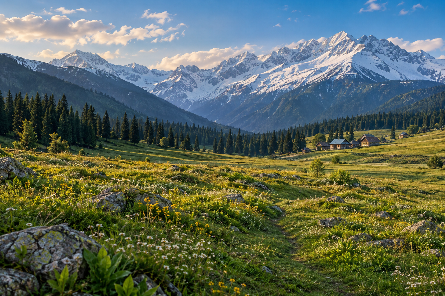A wildflower meadow and traditional mountain cottages below the snow-capped Gulmarg range