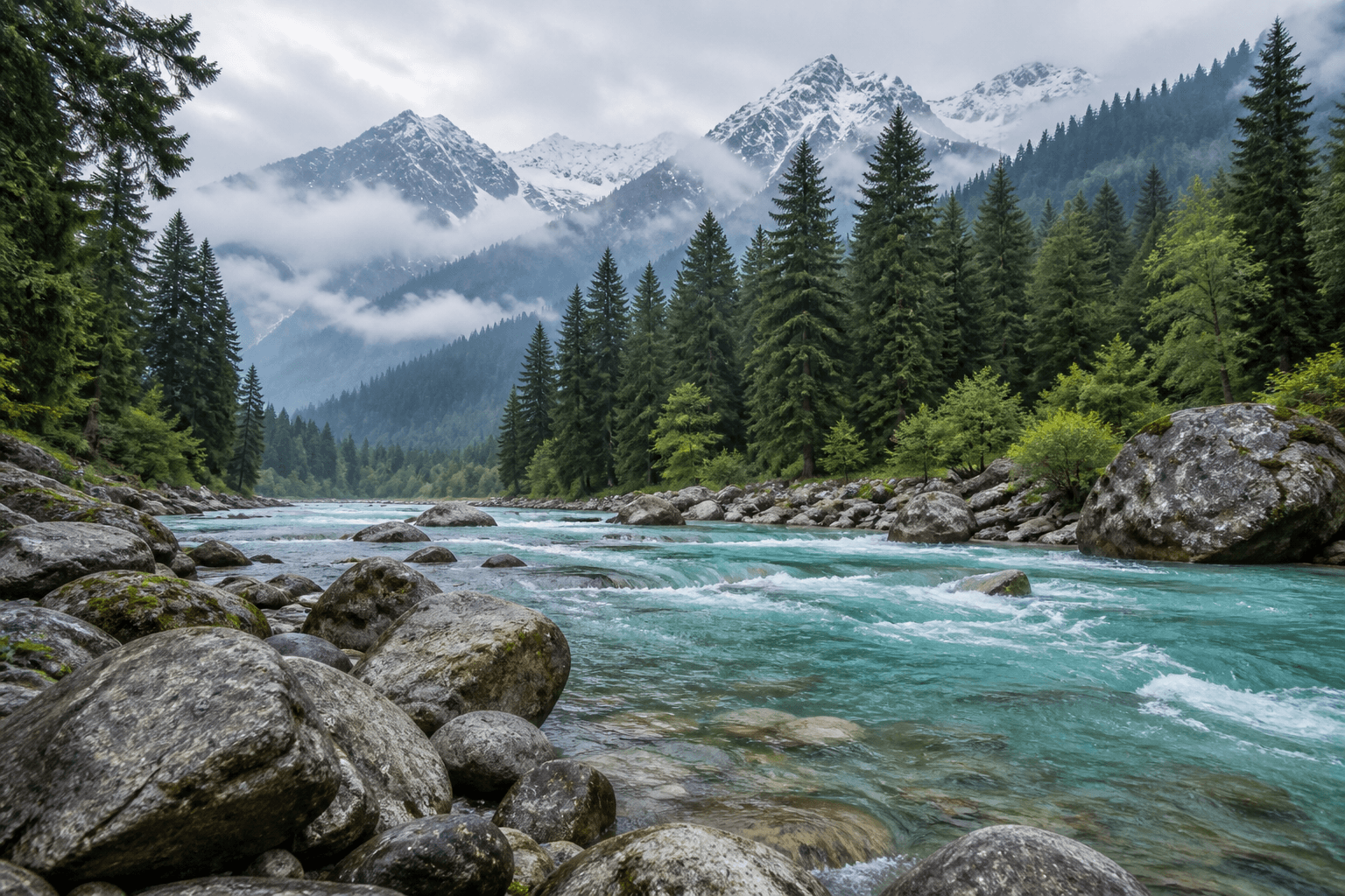 A clear mountain river flowing through the cedar forests and peaks of Pahalgam