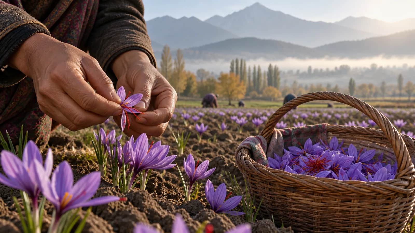 Saffron crocuses being carefully harvested by hand in Pampore in the Kashmir Valley