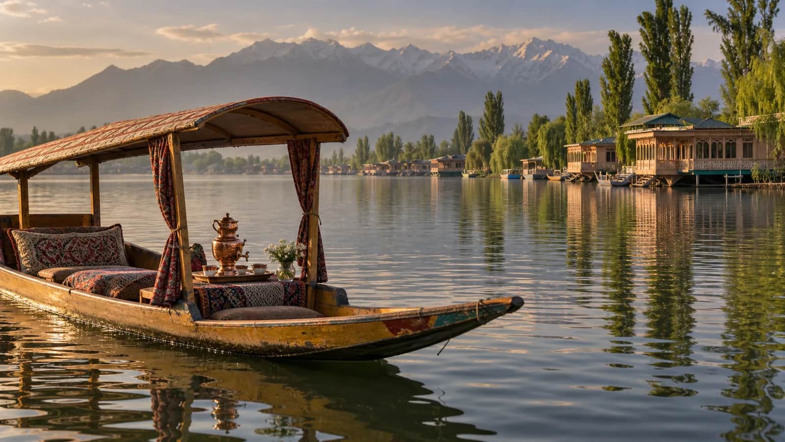 A traditional shikara carrying a copper samovar tea service across Dal Lake in Srinagar