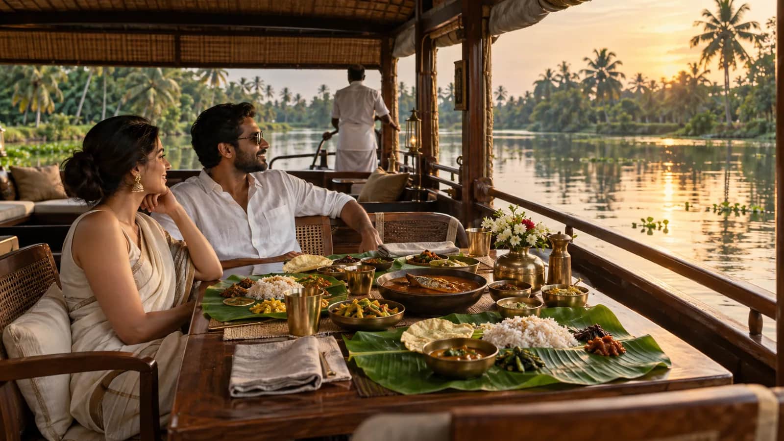 A Kerala meal served on banana leaves aboard a private houseboat in the Alleppey backwaters