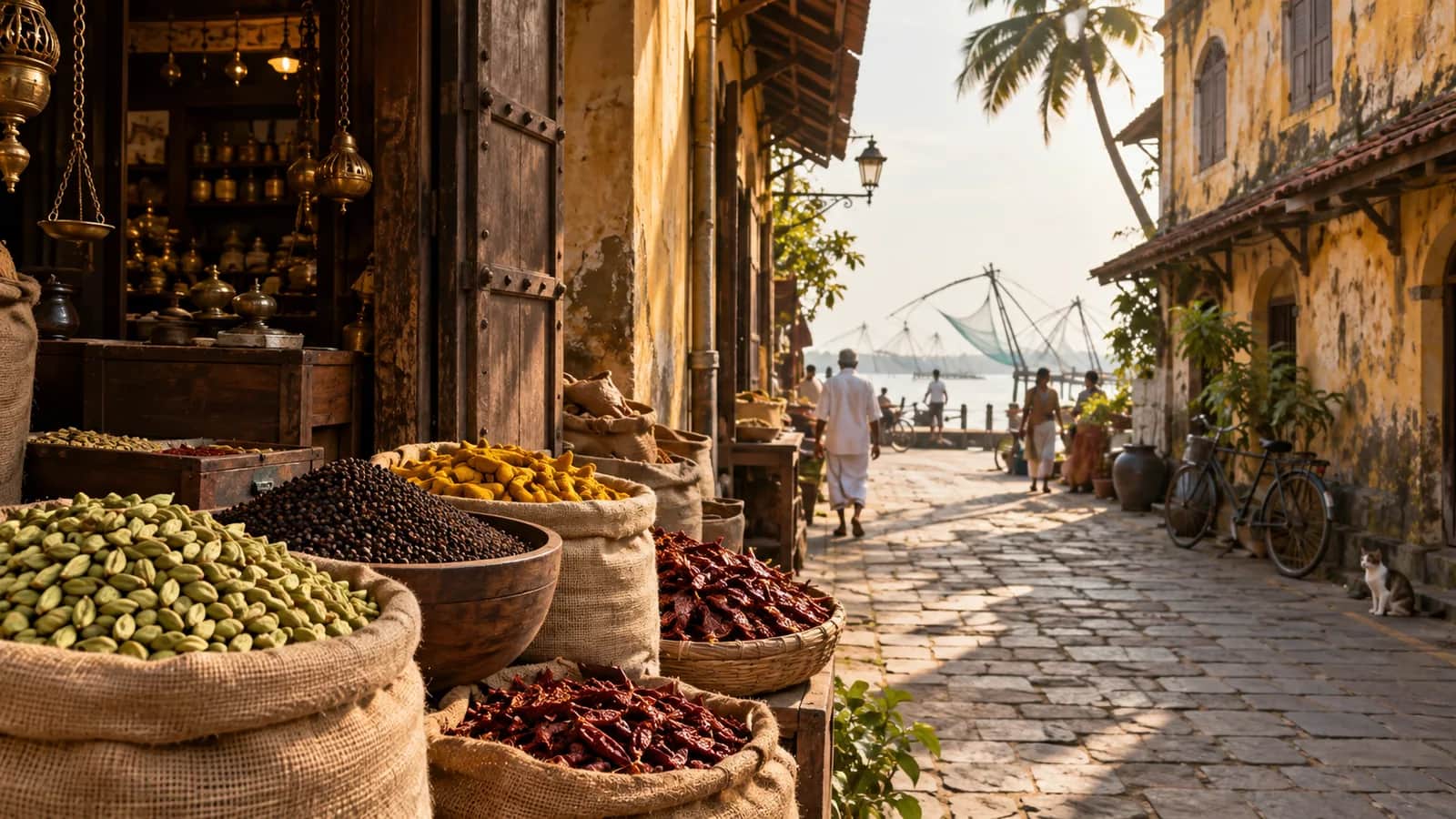 Cardamom, pepper, turmeric and chillies displayed beside a historic Mattancherry spice lane in Kochi