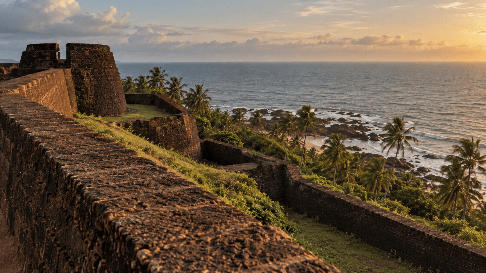 Bekal Fort rising above Kerala’s Arabian Sea coast at sunset