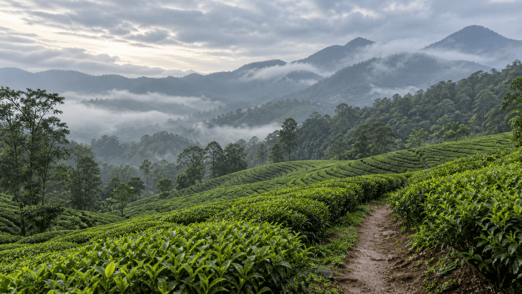 Tea estate terraces beneath misty Wayanad hills in Kerala