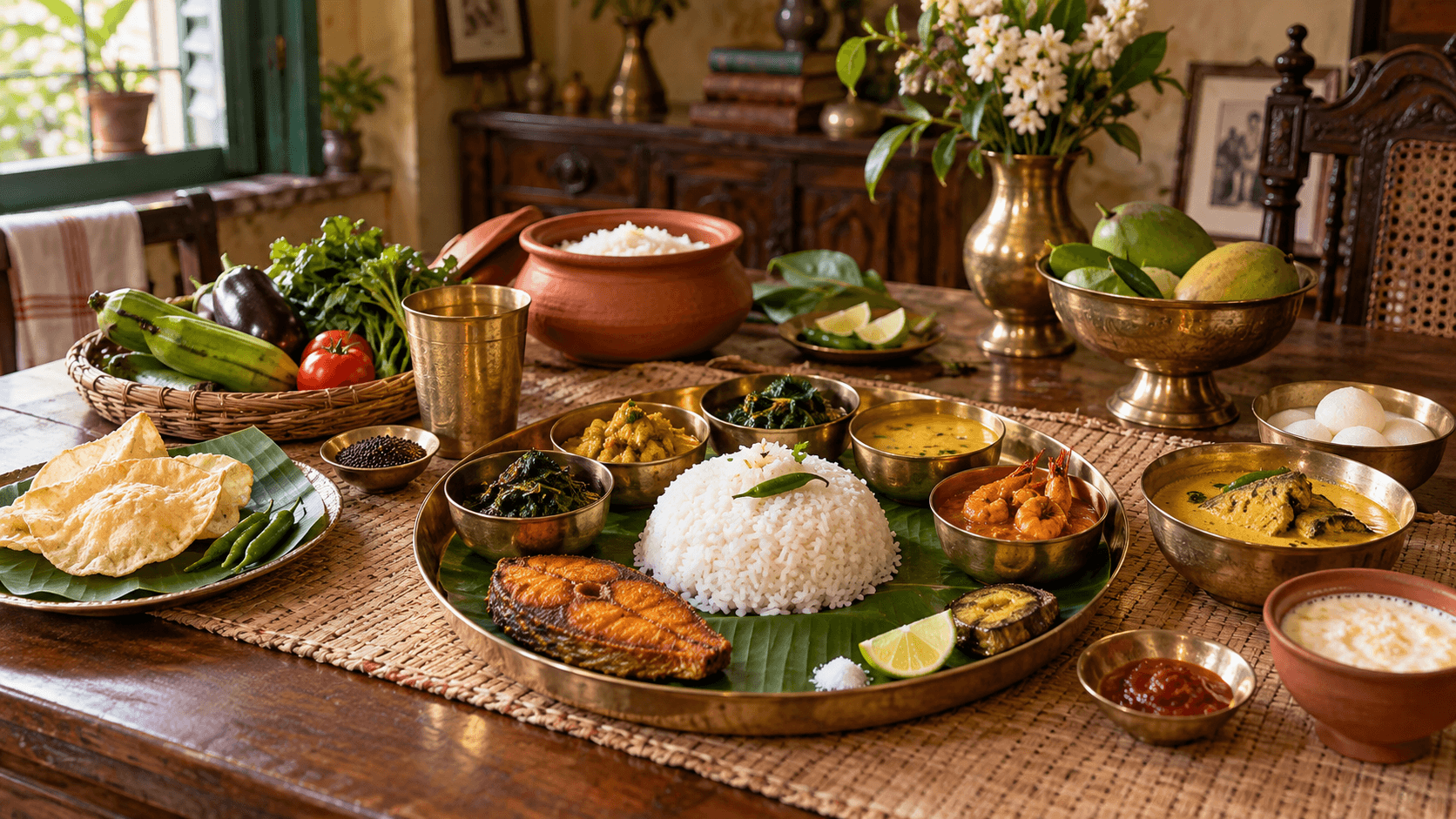 A traditional Bengali thali with regional dishes in a warm Kolkata home