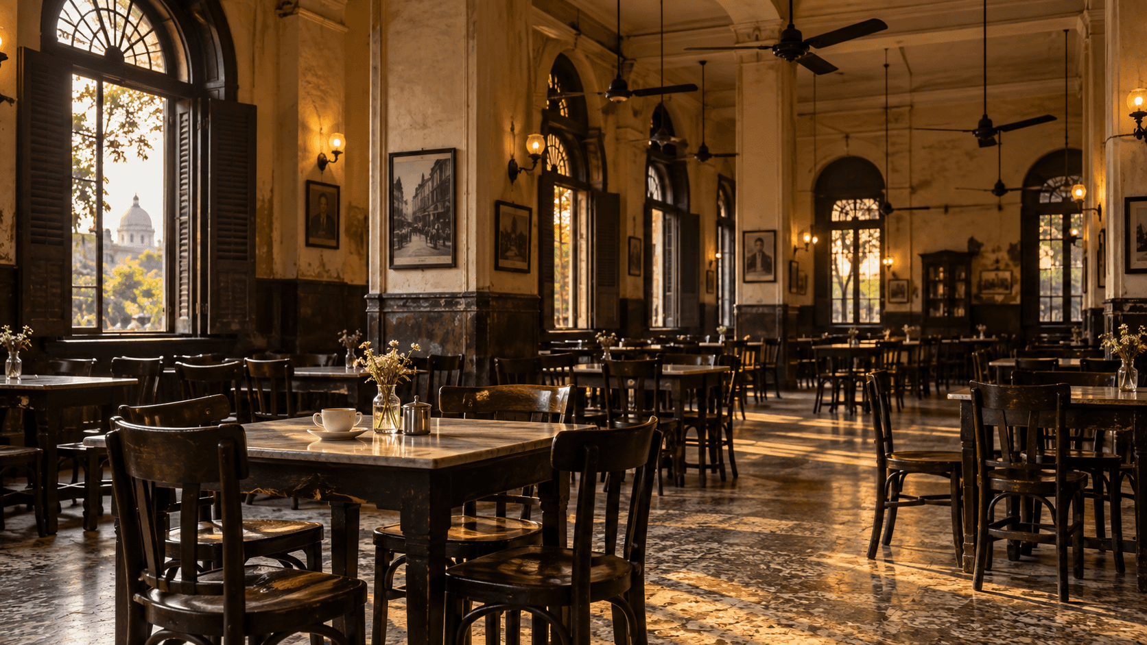 An empty vintage Kolkata coffeehouse with high ceilings and timber tables