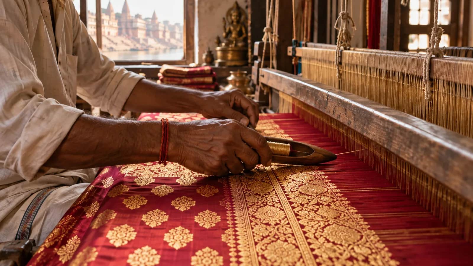 An artisan weaving crimson and gold Banarasi silk on a traditional handloom in Varanasi