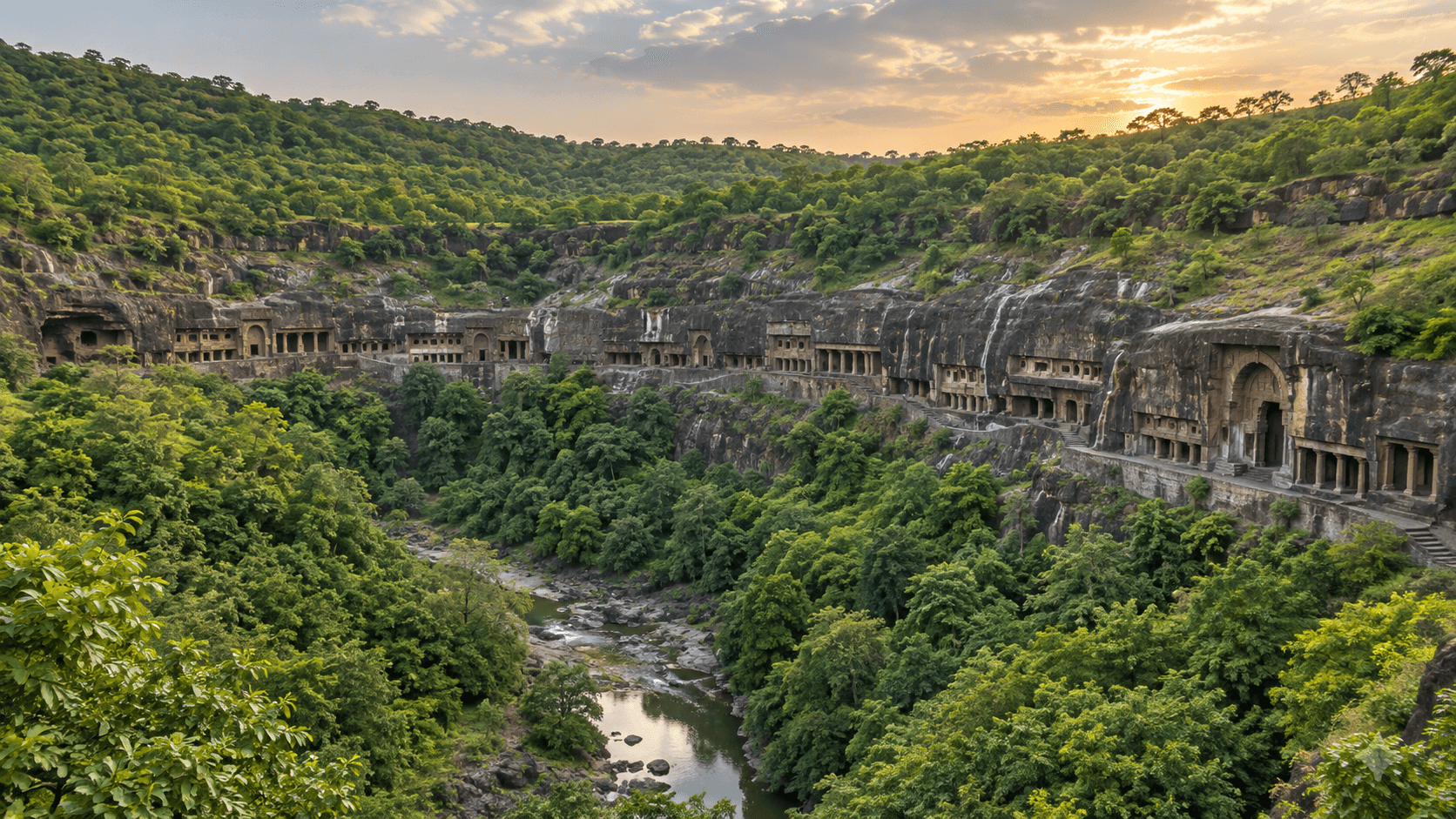 Ancient Ajanta Cave façades above the green Waghora gorge in Maharashtra