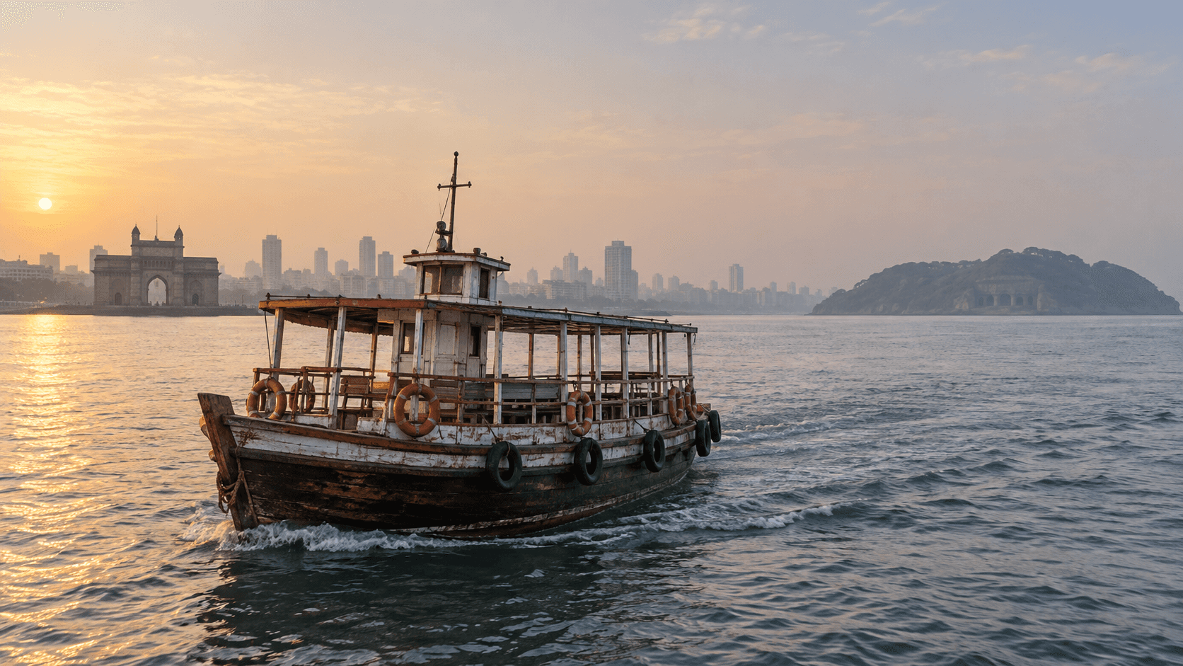 An empty ferry crossing Mumbai Harbour toward Elephanta Island at sunrise