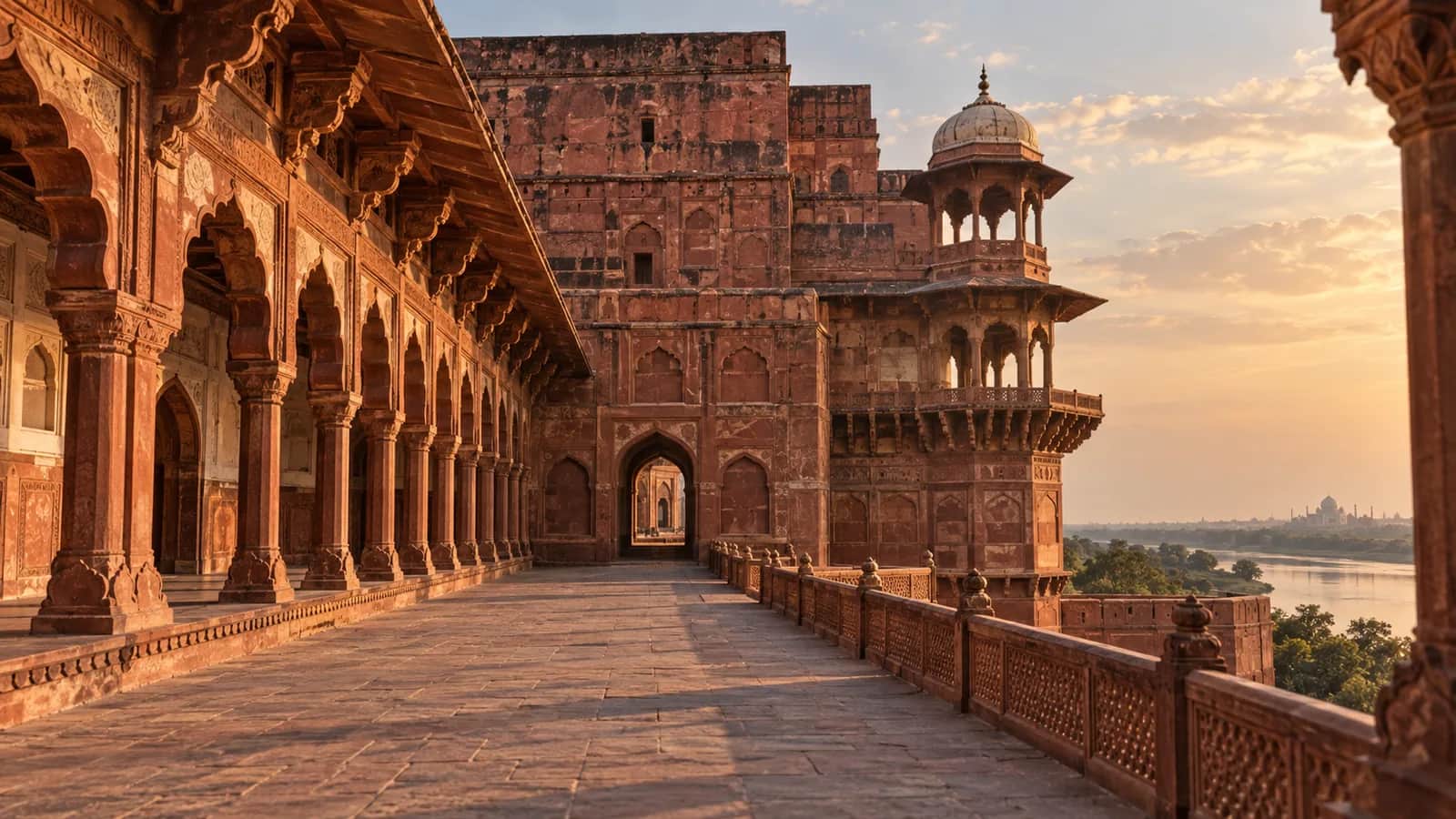 The red sandstone arcades and courtyard of Agra Fort in warm afternoon light