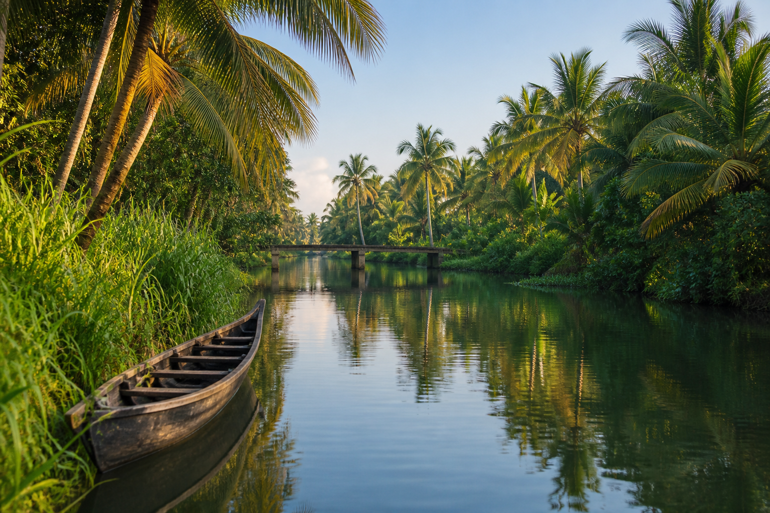 An empty traditional canoe on a calm Kerala backwater lined with coconut palms