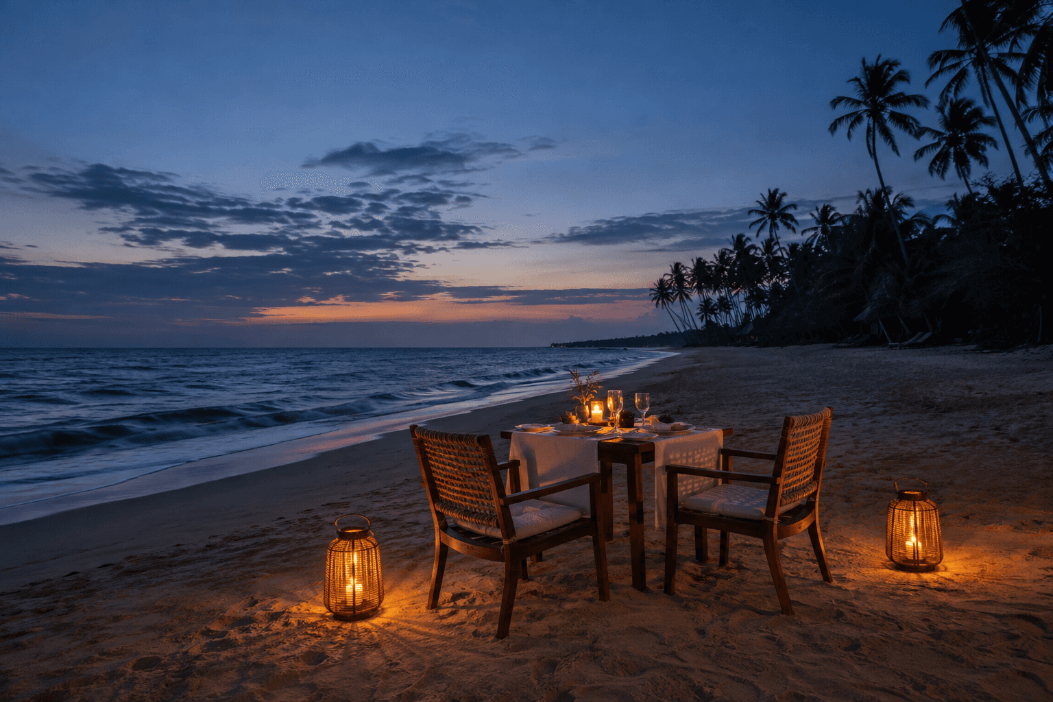 An intimate lantern-lit dinner setting on quiet Marari Beach at dusk