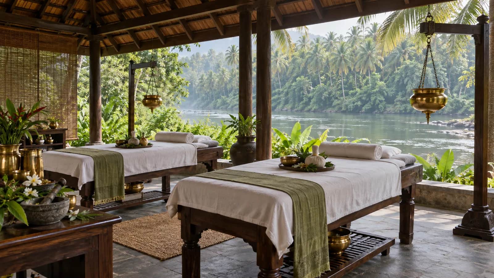 Two Ayurveda treatment tables prepared in an open riverside pavilion in Kerala