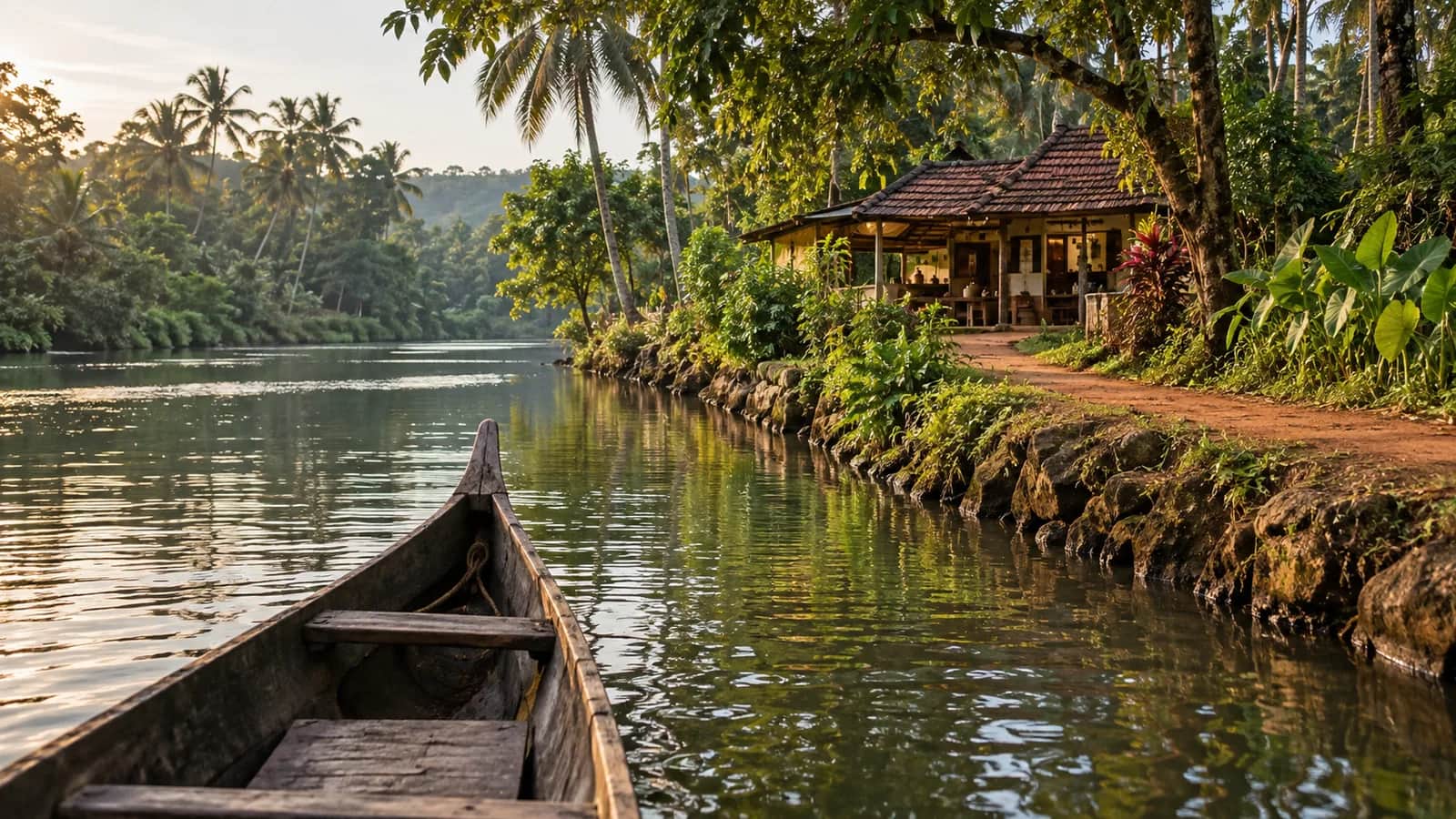 A traditional canoe approaching a family-run tea house on the Muvattupuzha River